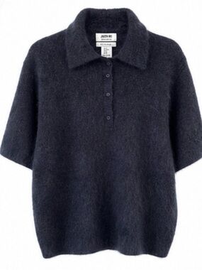Jason Wu Navy Short-Sleeve Polo Knit Sweater- 100 % Cashmere